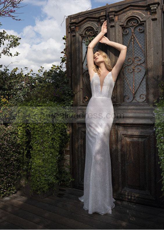 Sparkling Deep V Neck Wedding Dress With Removable Train